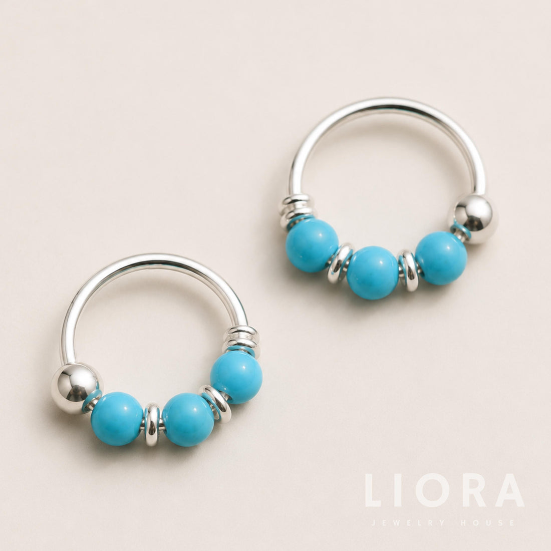 Natural Turquoise Bead Hoop Earrings, Silver Hoop Decorated with Turquoise Ball, Turquoise Bead Hoop, Turquoise Gift, Boho Earrings
