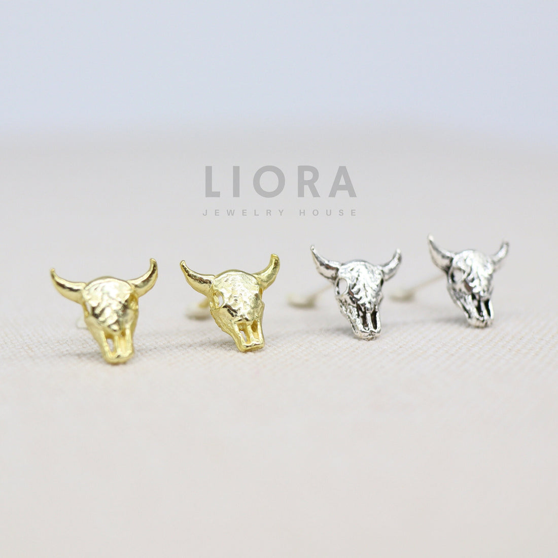 925 Sterling Silver Cow Skull Stud Earrings, 14k Gold Cow Earrings, Bull Skull Earrings,  Skull Earrings, OX Earrings, Buffalo Earrings