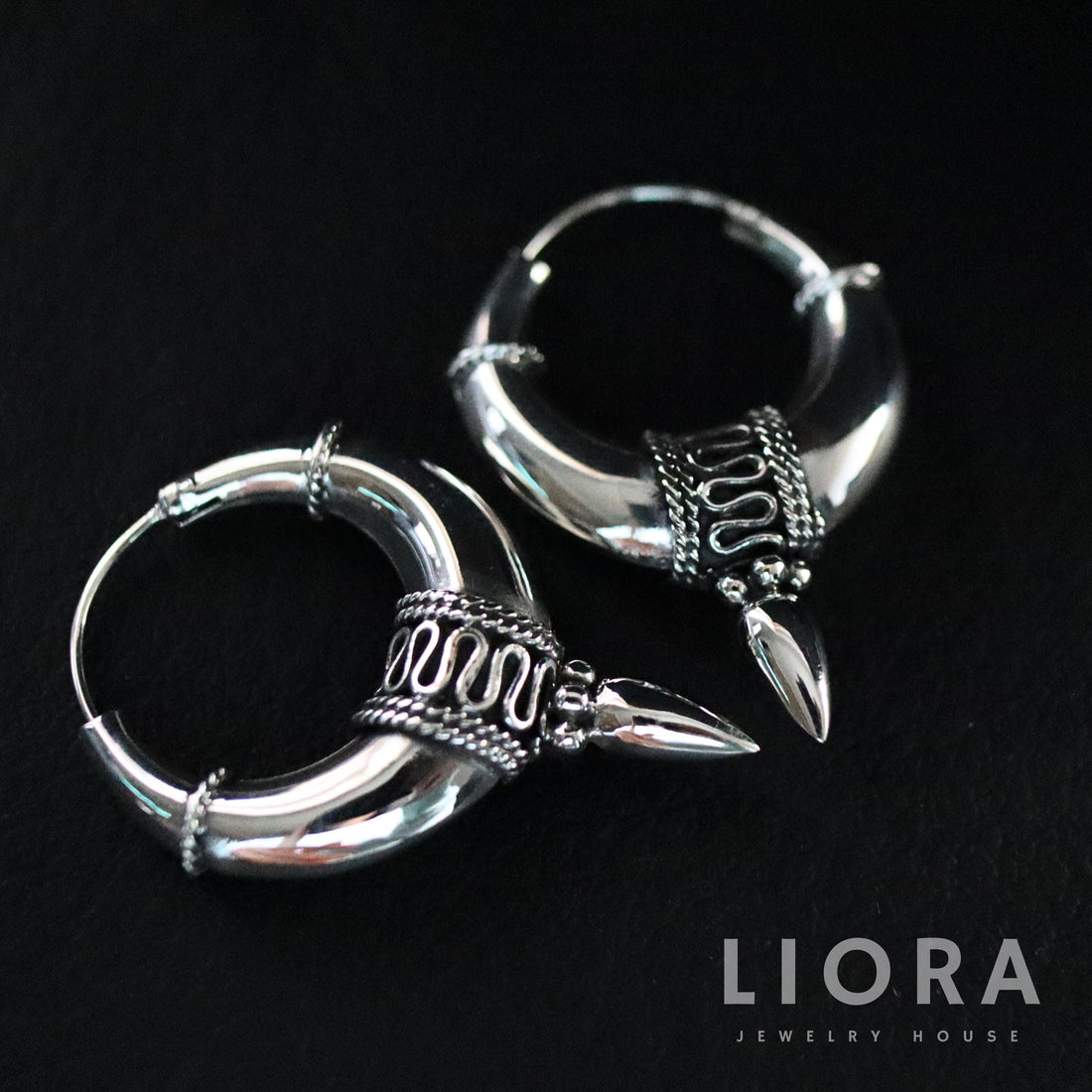 925 Sterling Silver Tribal Horn Hoop Earring, Bali Hoop Earrings, Hoop with Horn, Thick Chunky Earrings, bohemian Earrings, Hill Tribe Hoops