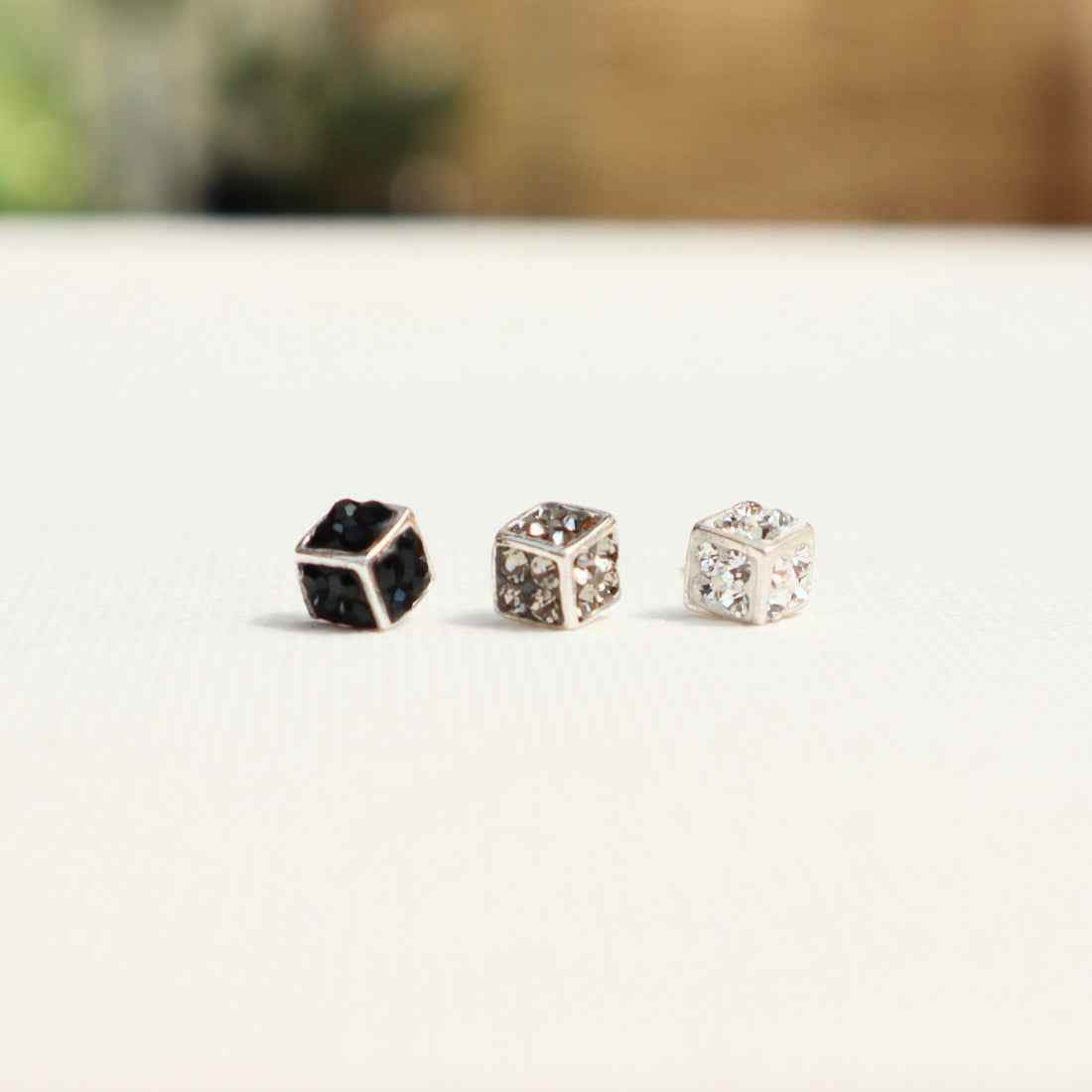 925 Sterling Silver Cube Stud Earrings Decorated with CZ simulated Diamonds, 5 mm wide, Crystal Cube Earrings