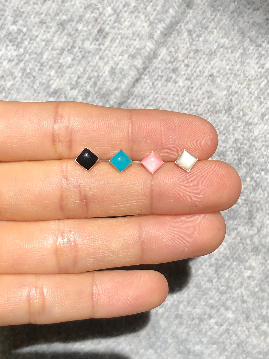 925 sterling silver enamel colour stud earrings, pink earrings, blue earrings, white pearl enamel earrings, kid earrings, square earrings