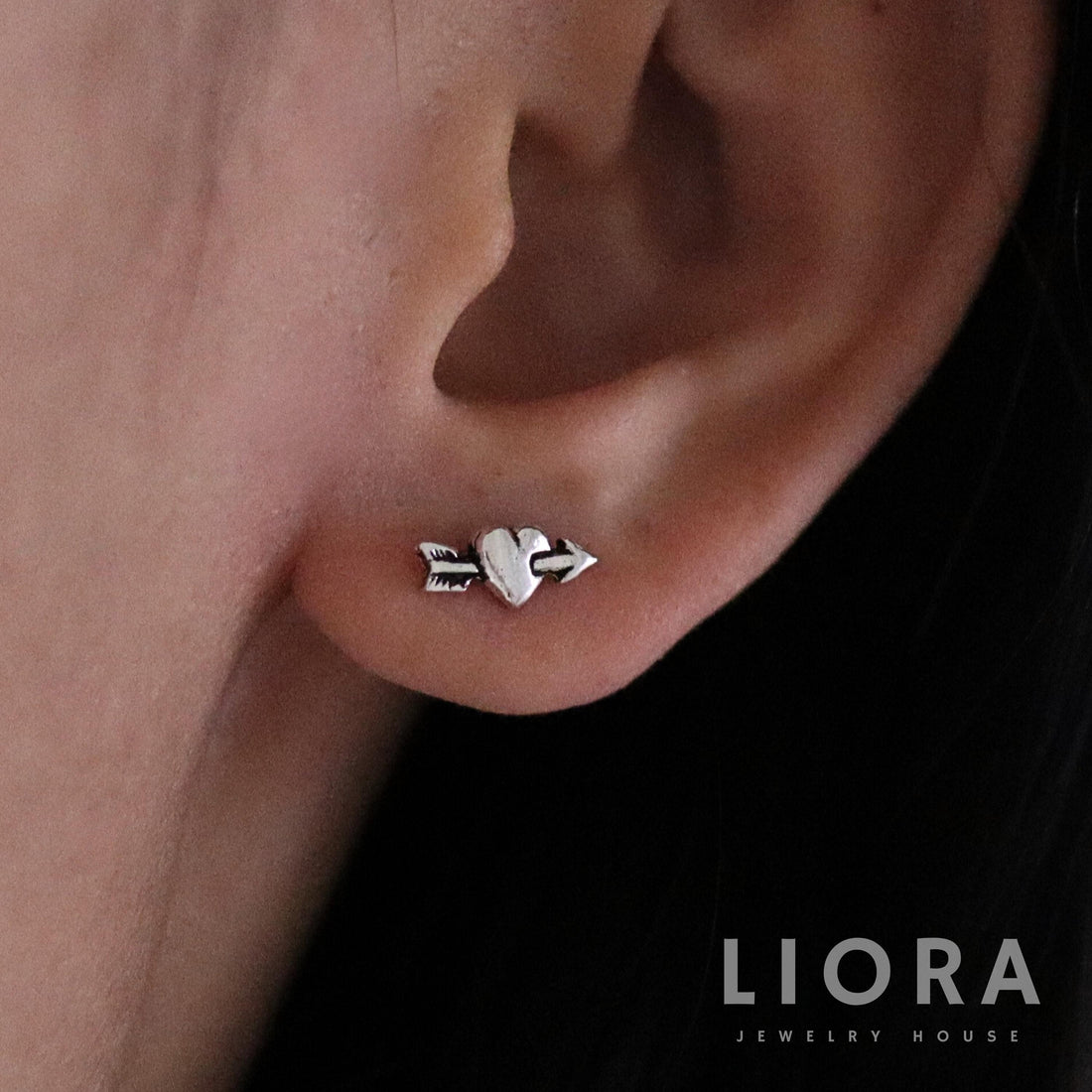 925 Sterling Silver Heart With Arrow Stud Earring, Heart Earring, Arrow Earring, Cupid Earrings, Arrow on Heart Earrings, Heart Arrow Jewel